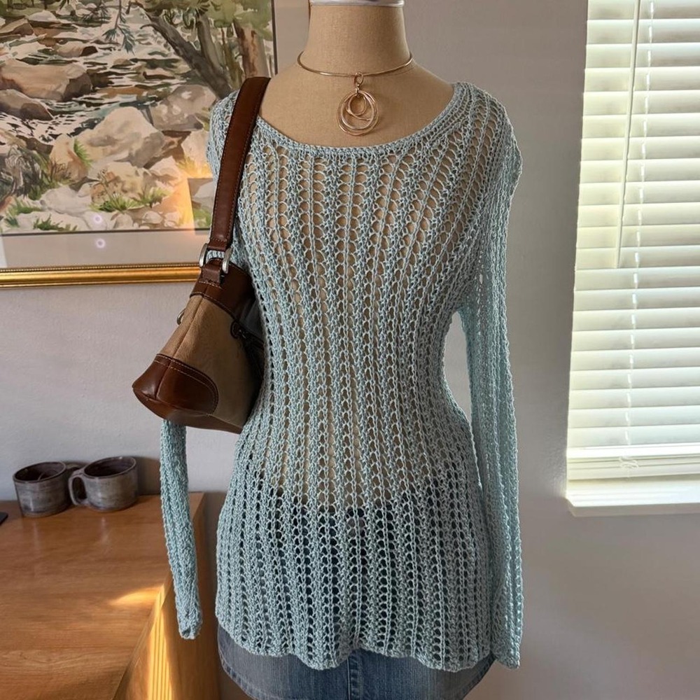 J.Jill baby blue linen crochet long sleeve tunic top